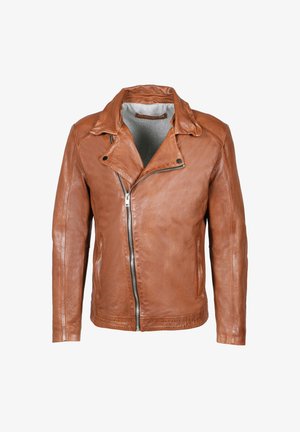 Braune Lederjacke mit Reißverschluss, Reverskragen und langen Ärmeln. Verfügt über eine glatte Textur und dezente Steppnähte.