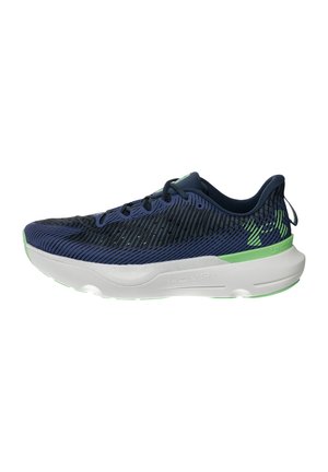 Chaussures de course pour homme, bleu marine et noir, avec des accents vert clair et une semelle blanche épaisse, vue de côté, modèle Under Armour HOVR.