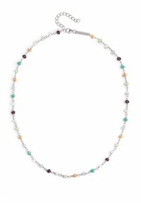 Collana di perline colorate con varie pietre pastello, link di catena metallici e un gancio d'argento con catena di estensione per lunghezza regolabile.