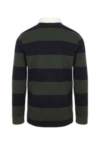 Langarm polo-shirt in groene en marineblauwe strepen, met een witte kraag en ribgebreide manchetten. Gemaakt van zacht, rekbaar stof.