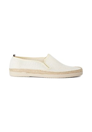 White slip-on shoe with woven mesh upper, beige jute trim around sole, and flat rubber outsole, shown from side view.