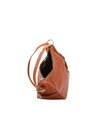 Borsa in pelle marrone chiaro, forma leggermente arrotondata, chiusura con zip laterale, tracolla regolabile e un motivo interno a contrasto.