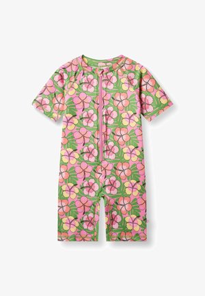 Detský krátky overal s krátkymi rukávmi s ružovými, žltými a koralovými kvetmi ibišteka a zelenými listami, predné zapínanie na zips.