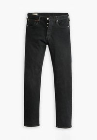 Jean slim noir avec fermeture à boutons, passants pour ceinture et cinq poches, présenté à plat sur un fond blanc.