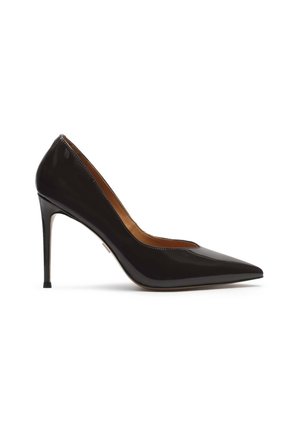 Black patent leather stiletto heel with a pointed toe and curved silhouette, featuring a smooth, glossy finish and subtle side cutout.