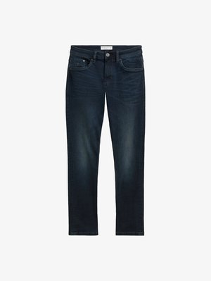 Sötétkék farmernadrág, szűkített fazonnal, öt zsebel, gombos záródás, és finom kopás a fronton, ami textúrát ad.