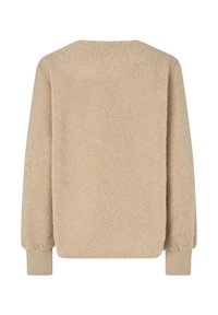 Beżowy polarowy sweter o miękkiej, teksturowanej powierzchni. Posiada długie rękawy i prążkowane mankiety, zaprojektowany z okrągłym dekoltem i luźnym krojem.