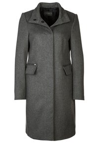 Manteau en laine gris avec col structuré, poches avant et deux boutons décoratifs. Texture lisse et coupe droite.