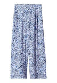 Siniset paisley-kuosiset culottes, jotka on valmistettu kevyestä kankaasta. Niissä on elastinen vyötärö ja leveät lahkeet, jotka laskeutuvat kauniisti.