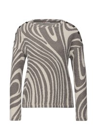 Pull gris et crème avec un motif tourbillonnant, col rond, manches longues et accents de boutons sur les épaules, fabriqué en matériau doux.