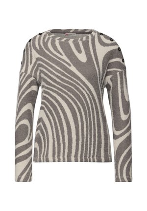 Suéter gris y crema con un patrón en espiral, cuello redondo, mangas largas y detalles de botones en los hombros, hecho de un material suave.