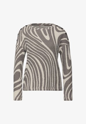 Suéter gris y crema con un patrón en espiral, cuello redondo, mangas largas y detalles de botones en los hombros, hecho de un material suave.