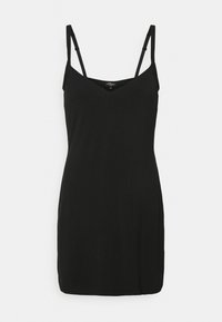 Abito nero con scollatura a V, spalline sottili e design aderente. Realizzato in tessuto morbido, presenta una silhouette semplice e minimalista.