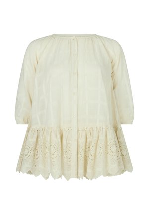 Cremefarbene Bluse mit langen Ärmeln, Vorderknöpfen, gerafftem Halsausschnitt und Lochspitzen-Details entlang des gezackten Saums.