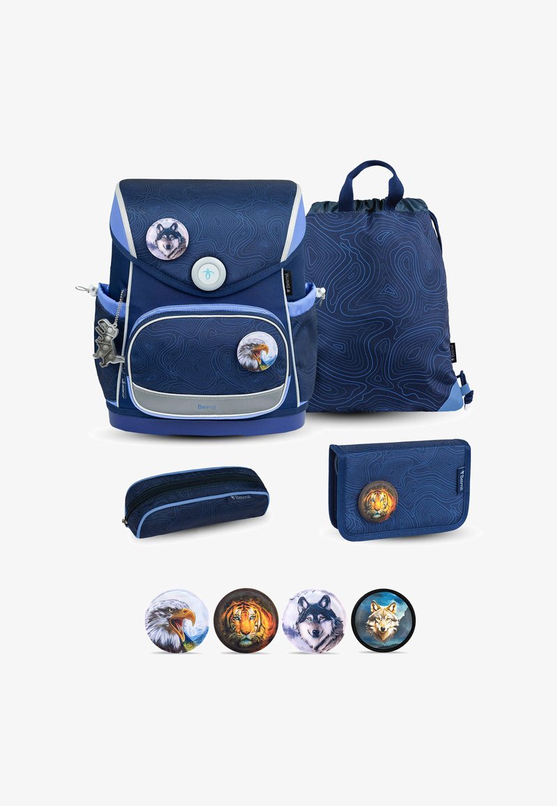 Children’s navy blue school backpack set with animal badges featuring eagle, tiger, and wolves, including a drawstring bag, pencil case, and wallet.