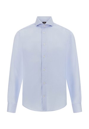 Chemise bleu clair à manches longues en tissu tissé, avec un col classique, un ourlet droit et six boutons sur le devant.