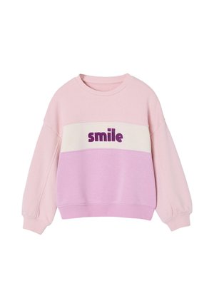 Pink and lavender long-sleeve sweatshirt with a white panel across the chest displaying the word "smile" in bold purple letters.