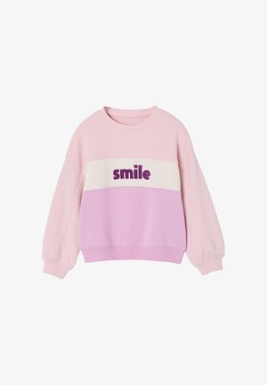 Pink and lavender long-sleeve sweatshirt with a white panel across the chest displaying the word "smile" in bold purple letters.
