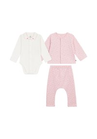 Completo per bebé composto da un body bianco a maniche lunghe con colletto a fiori rosa, una maglietta a maniche lunghe con stampa floreale rosa e pantaloni coordinati.