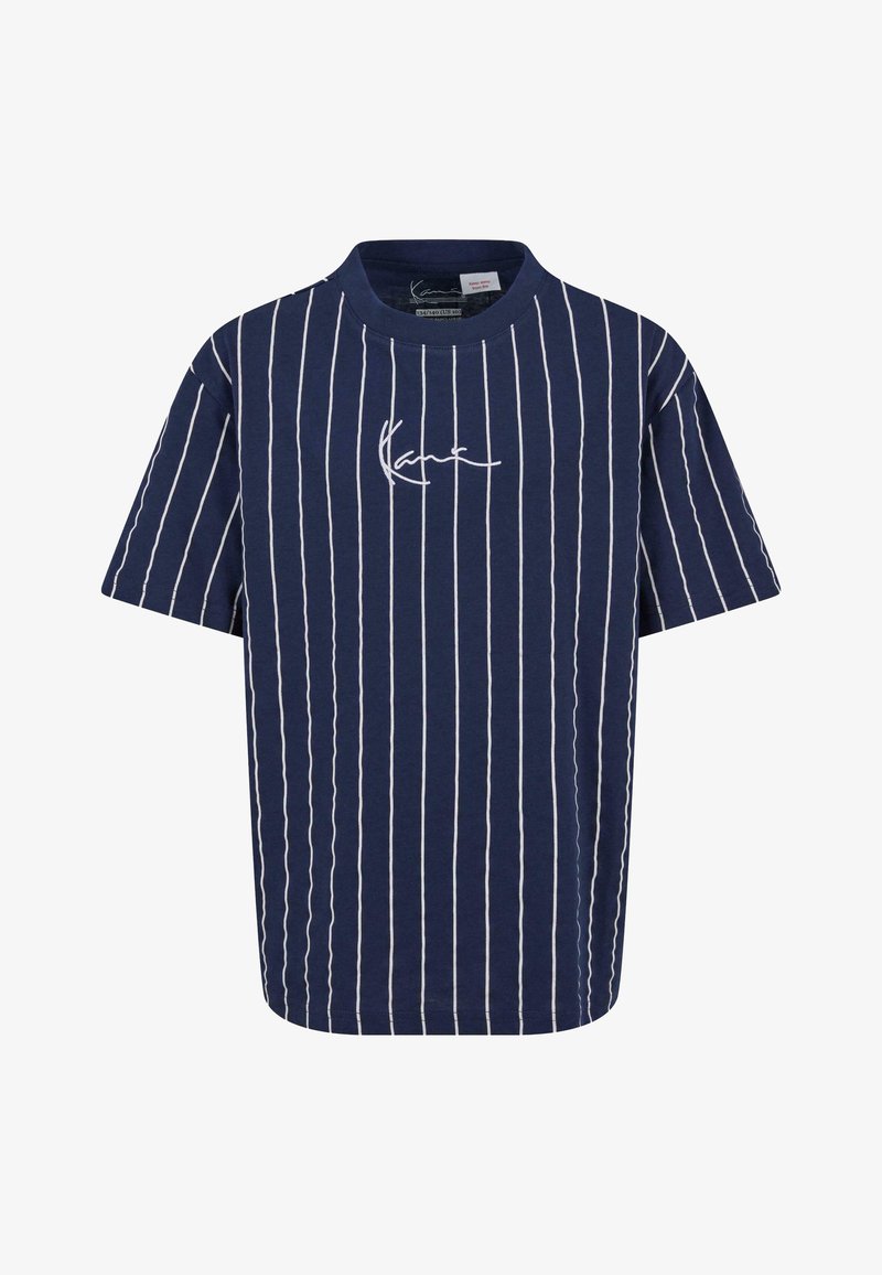 Námorně modré tričko s krátkým rukávem s bílými vertikálními pruhy a malým vyšitým logem na hrudi. Vyrobeno z měkké bavlny.
