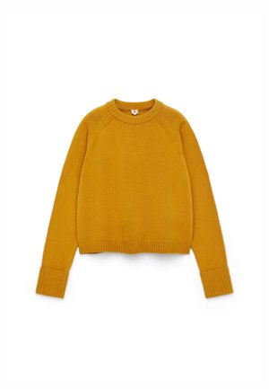 Mustard yellow sweater with a round neckline, ribbed cuffs and hem, and raglan sleeves. Smooth texture and simple design.