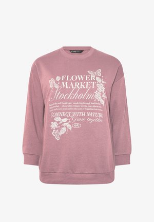 Mauvefarbenes Sweatshirt mit weißen Blumen- und Schmetterlingsmotiven, Text "Flower Market Stockholm" und einem naturinspirierten Zitat in dekorativen Schriftarten.
