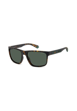 Occhiali da sole tortoishell marroni con lenti verde scuro, forma rettangolare, montatura in plastica leggera e branding discreto sulla stanghetta.