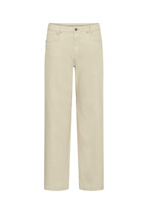 Jeans beige a gamba dritta con bottone frontale, cerniera, passanti per cintura e design a cinque tasche.