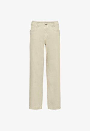 Jeans beige a gamba dritta con bottone frontale, cerniera, passanti per cintura e design a cinque tasche.