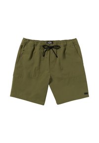 Pantalones cortos verde oliva hechos de material ligero, con una cintura elástica con cordón negro, dos bolsillos laterales y una pequeña etiqueta de la marca.