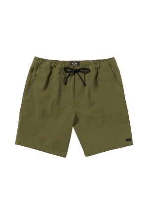 Olive green shorts made of lightweight material, featuring an elastic waistband with black drawstring, two side pockets, and a small brand tag.