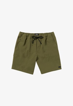 Oliivinvihreät shortsit, jotka on valmistettu kevyestä materiaalista. Niissä on joustava vyötärö mustalla nauhalla, kaksi sivutaskua ja pieni merkkilappu.