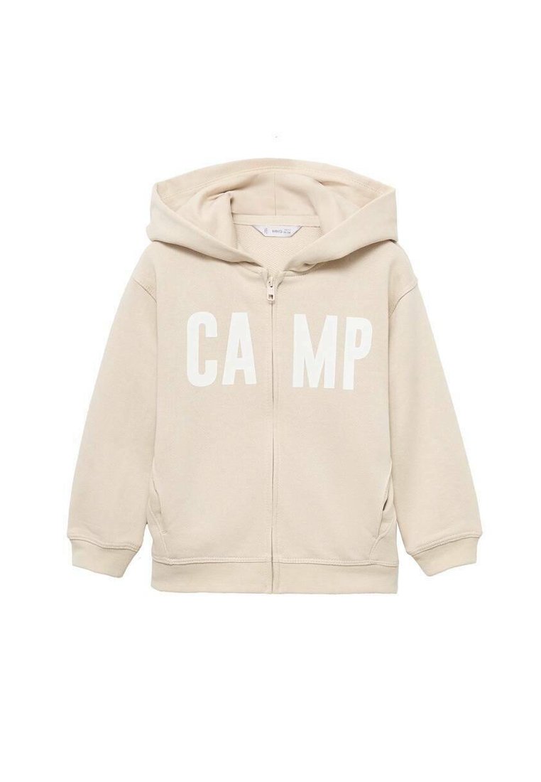 Felpa con zip color beige, dotata di cappuccio, con la parola "CAMP" in caratteri bianchi in grassetto sul davanti. Realizzata in morbido tessuto misto cotone.