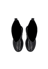 Stivali alla caviglia in pelle nera con punte arrotondate, pannelli laterali elastici e suole in gomma textured. Superficie liscia con dettagli minimi.