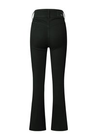 Black flared pants with a smooth, stretchy fabric; features a fitted waist and two back pockets, with waistband detailing at the back.