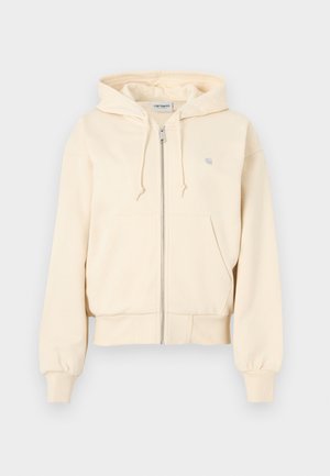 Kapuzensweatshirt mit Reißverschluss in hellbeige, aus Baumwollmischgewebe. Mit Kapuze, Fronttaschen, gerippten Bündchen und kleinem Markenlogo auf der Brust.