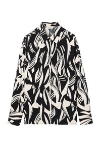 Chemise à manches longues noire et blanche avec un motif abstrait audacieux, col classique et boutonnage à l'avant. Confectionnée en tissu léger.