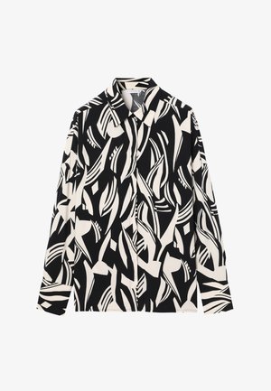 Melns un balts garām piedurknēm krekls ar izteiksmīgu abstraktu rakstu, klasisku apkakli un pogu priekšpusi. Izgatavots no viegla auduma.