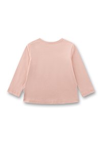 Rückansicht eines schlichten, hellrosa, langärmligen Kinderoberteils mit Rundhalsausschnitt auf einem weißen Hintergrund.