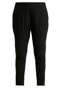 Black stretch trousers with a tapered design, featuring an elastic waistband and pleats at the front for added detail and comfort.