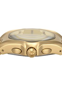 Goldfarbige Armbanduhr mit rundem Gehäuse, klarem Glaszifferblatt und zwei seitlichen Tasten. Verfügt über eine strukturierte goldene Krone.