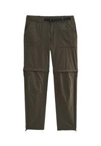 Pantalons convertibles vert foncé avec poches avant, jambes inférieures amovibles, ceinture noire intégrée et détails zippés aux chevilles.