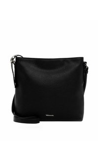 Sac en cuir noir porté en bandoulière avec une finition texturée, une sangle réglable unique et un logo discret sur le devant.