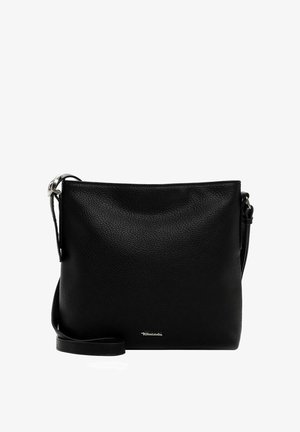 Sort læder crossbody taske med en struktureret overflade, enkelt justerbart rem og subtilt logodetalje på fronten.