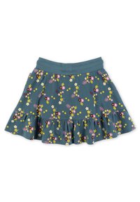 Jupe en coton bleu sarcelle avec une taille élastique, présentant un motif floral de fleurs roses et jaunes ainsi que des papillons, avec un ourlet à volants.