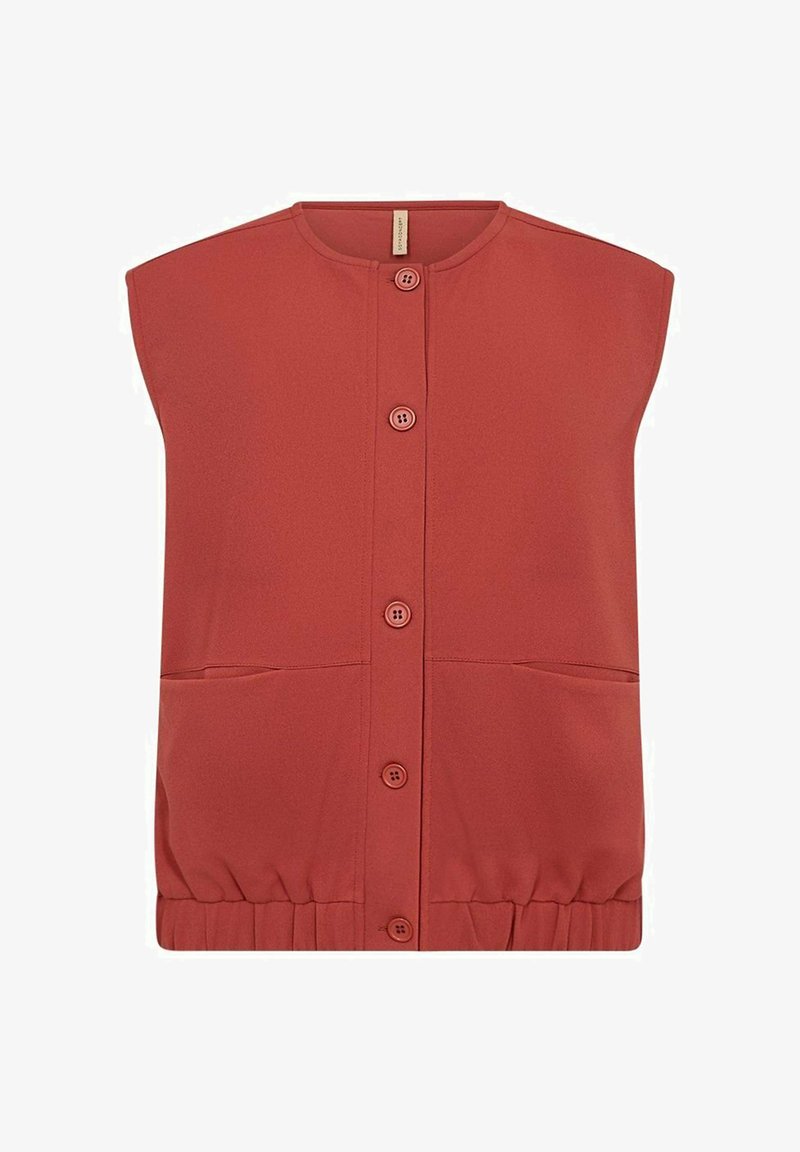 Mouwloze button-up vest van rode stof, met voorzakken, een elastische tailleband en een ronde halslijn. Gladde textuur en minimalistisch ontwerp.