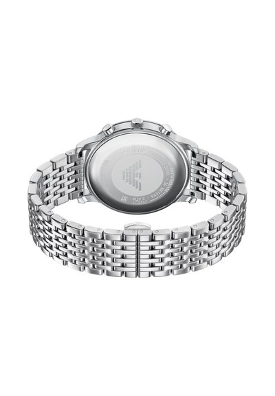 Metalluhr mit einem silberfarbenen Edelstahlarmband, rundem Gehäuse und detailliert graviertem Rücken. Verfügt über ein gewebtes Design für Komfort.