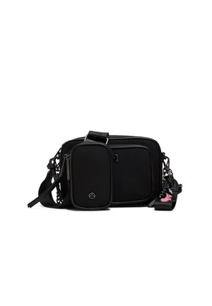 Sac porté croisé rectangulaire noir avec deux compartiments à fermeture éclair, sangle réglable et petite pochette attachée avec logo en métal.