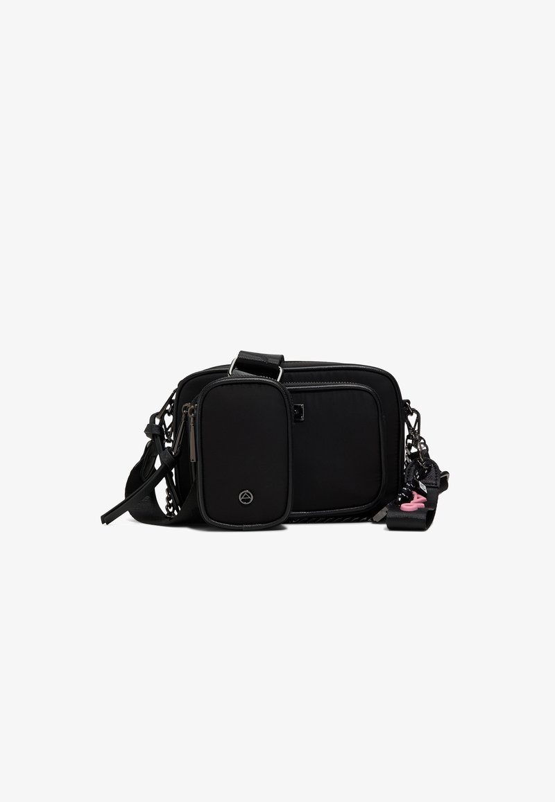Black rectangular crossbody bag with two zippered compartments, adjustable strap, and small attached pouch with metal logo.