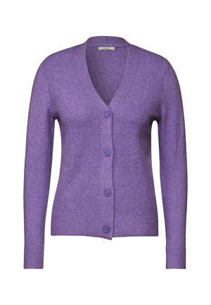 Fialový pletený cardigan s výstřihem do V, pěti knoflíky vpředu, ribbed texturou a dlouhými rukávy.